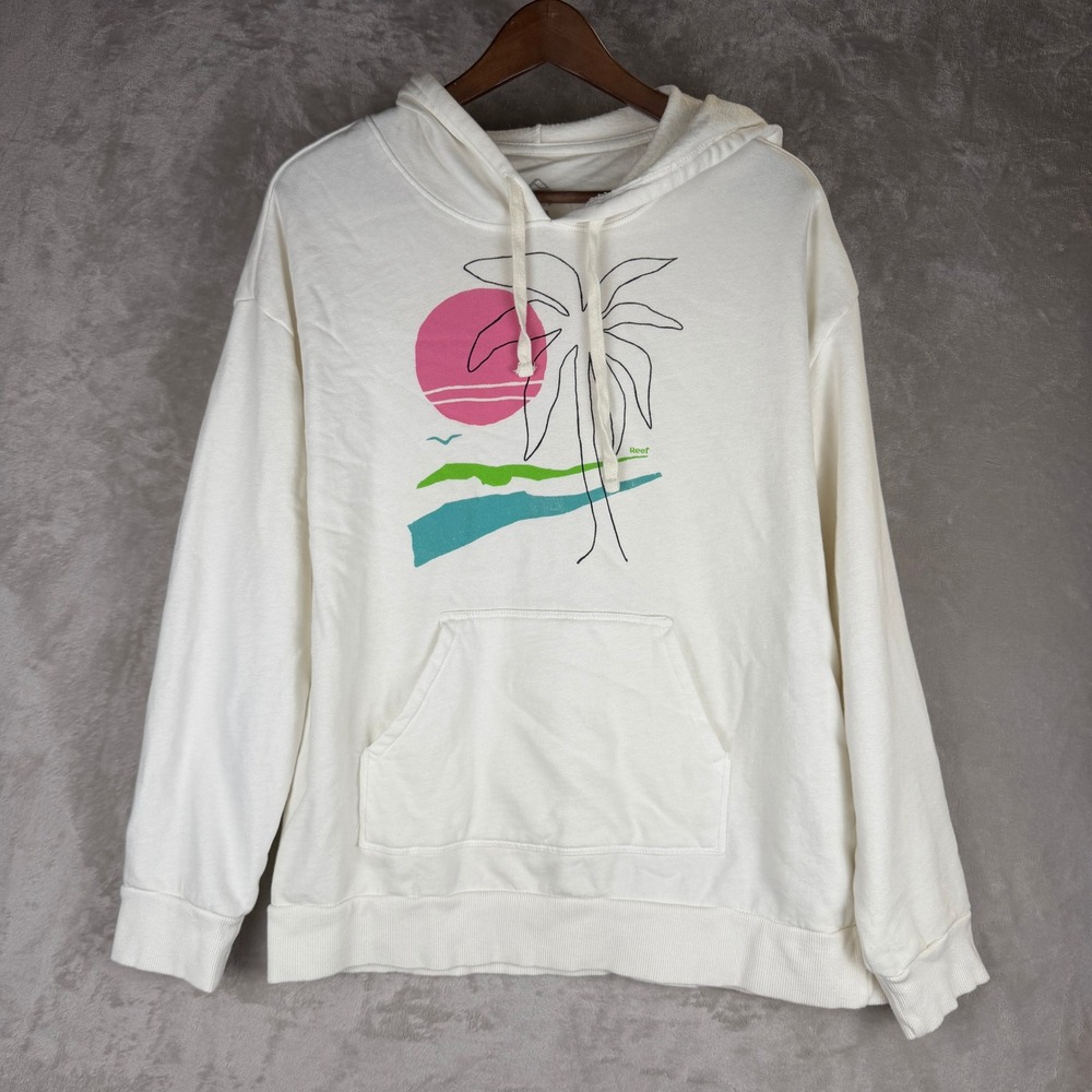 Reef Womens Cream Tropical Palm Tree Sunset Graphic Pullover Hoodie Size M
